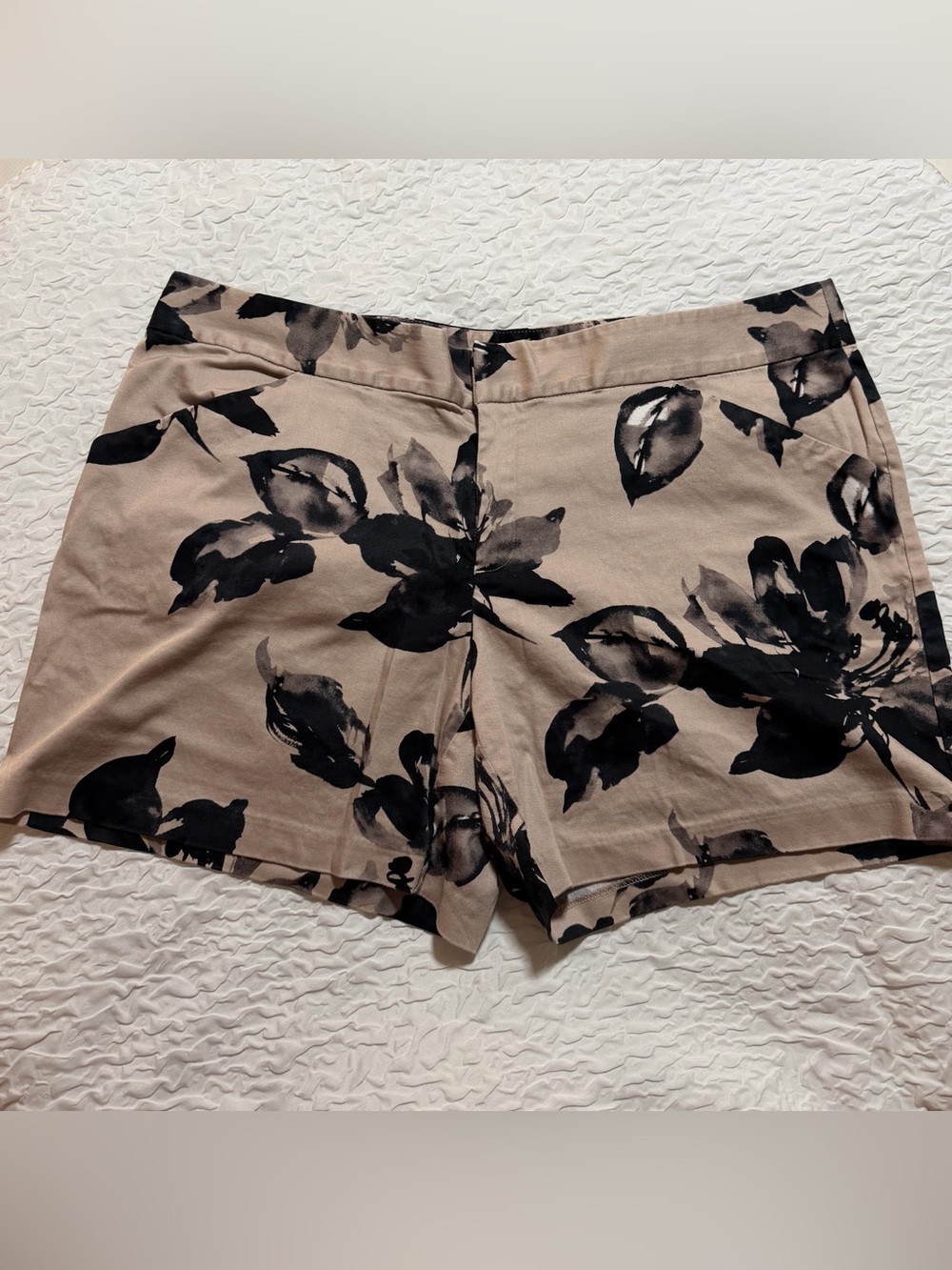 INC International Concepts Tan Shorts with Black Floral Print, Size 16